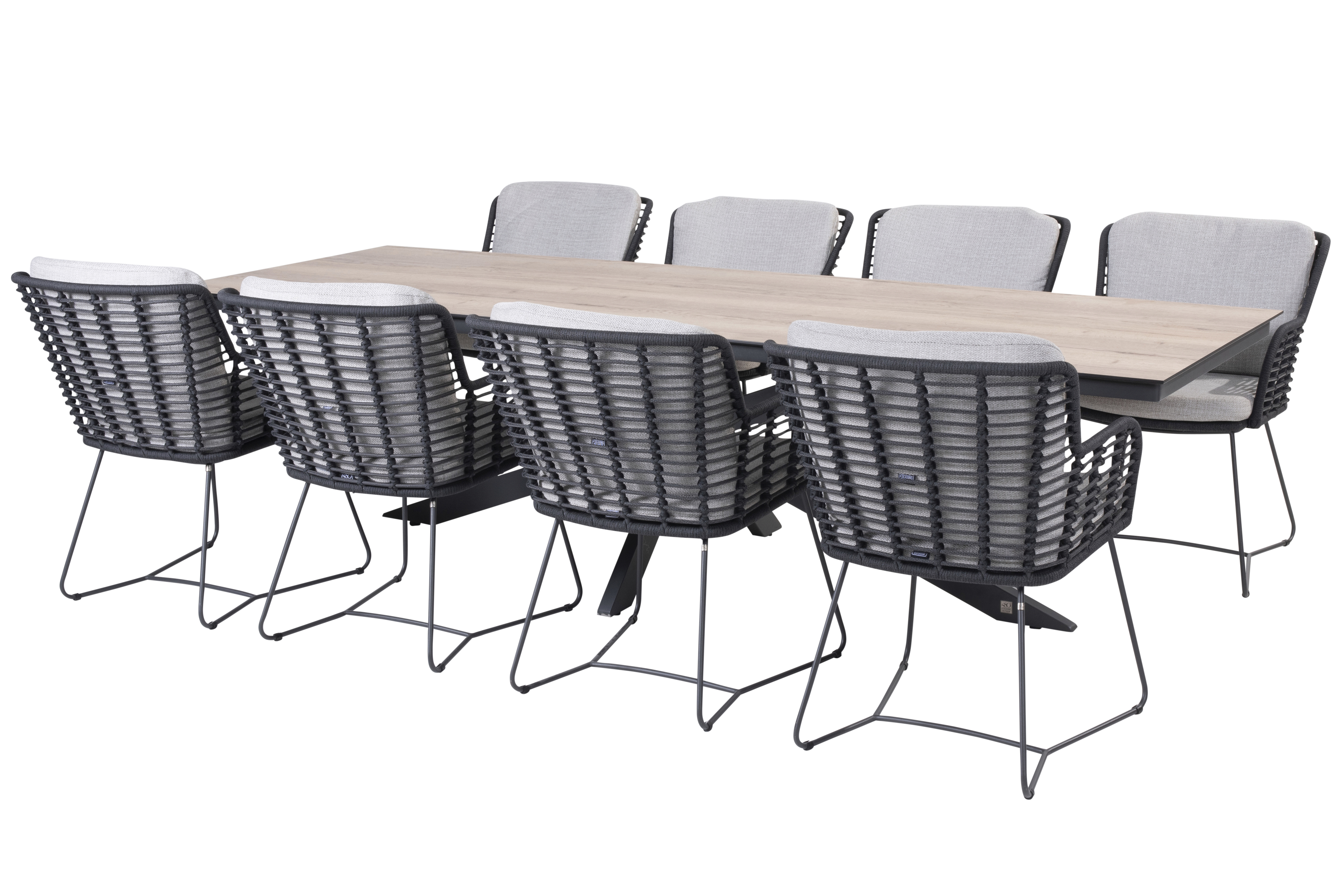 Minerva tafel met HPL top TEAK pattern 220 x 95 cm incl 6 Fabrice eetstoelen 4 Seasons Outdoor